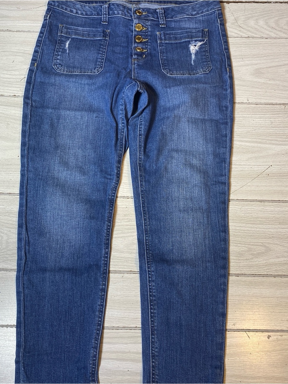 Michael Kors Women's Blue Denim Jeans Sz 10 Button Fly Distressed Pockets Capri
